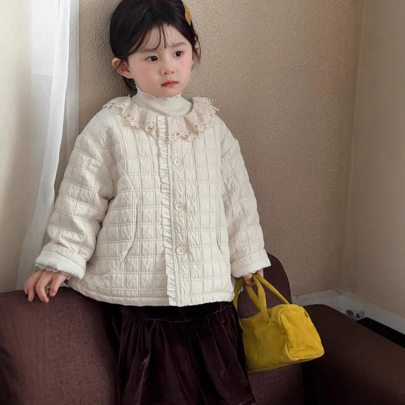 

2025 Autumn Winter Girl Quilted Cotton Plaid Lace Collar Jacket Children Kid Sweet Padded Coat Baby Outerwear 3-10 Years Outfit