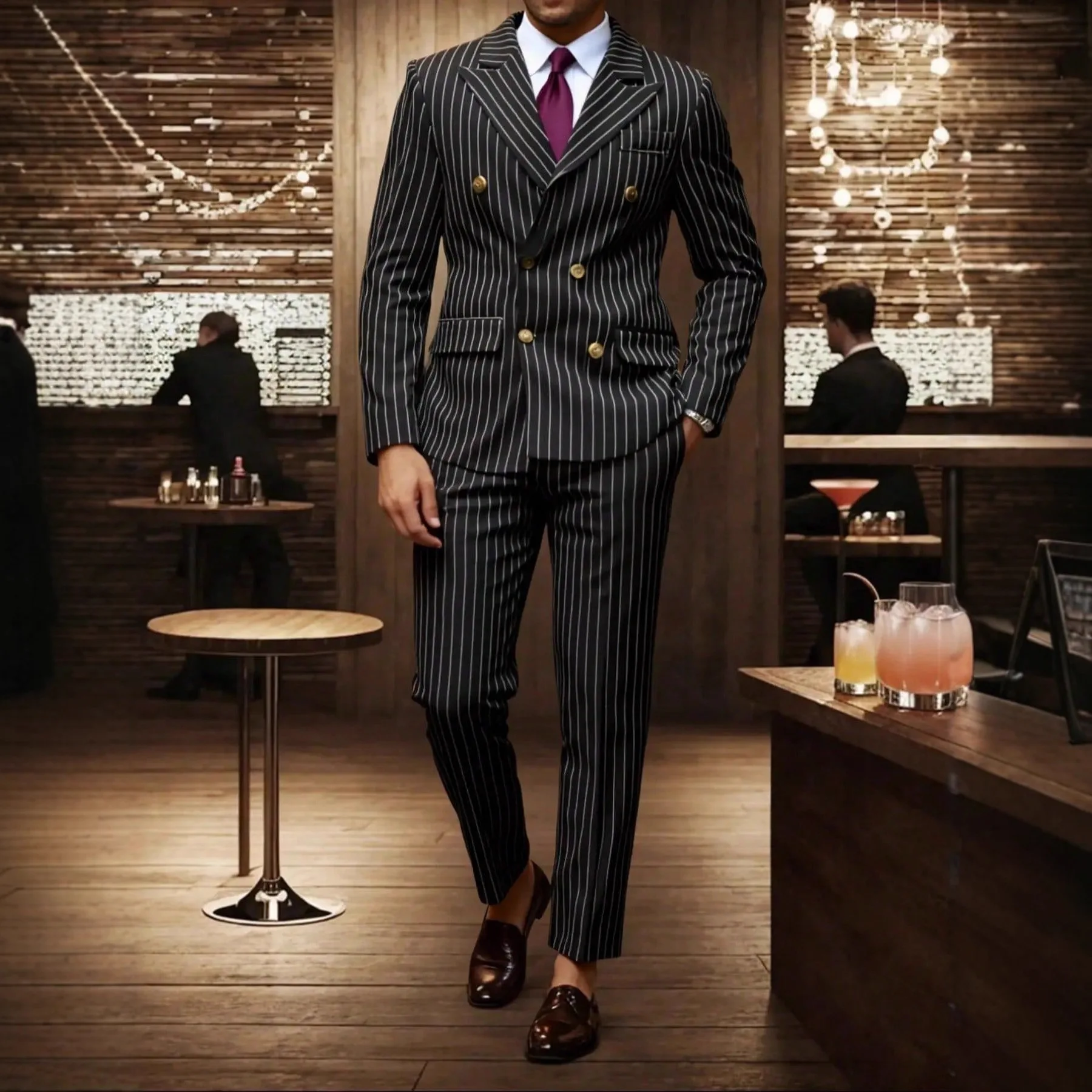 Costume Classique Marron Rayé pour Homme, Veste Simple Boutonnage et Pantalon, 2 Pièces, Smoking de 