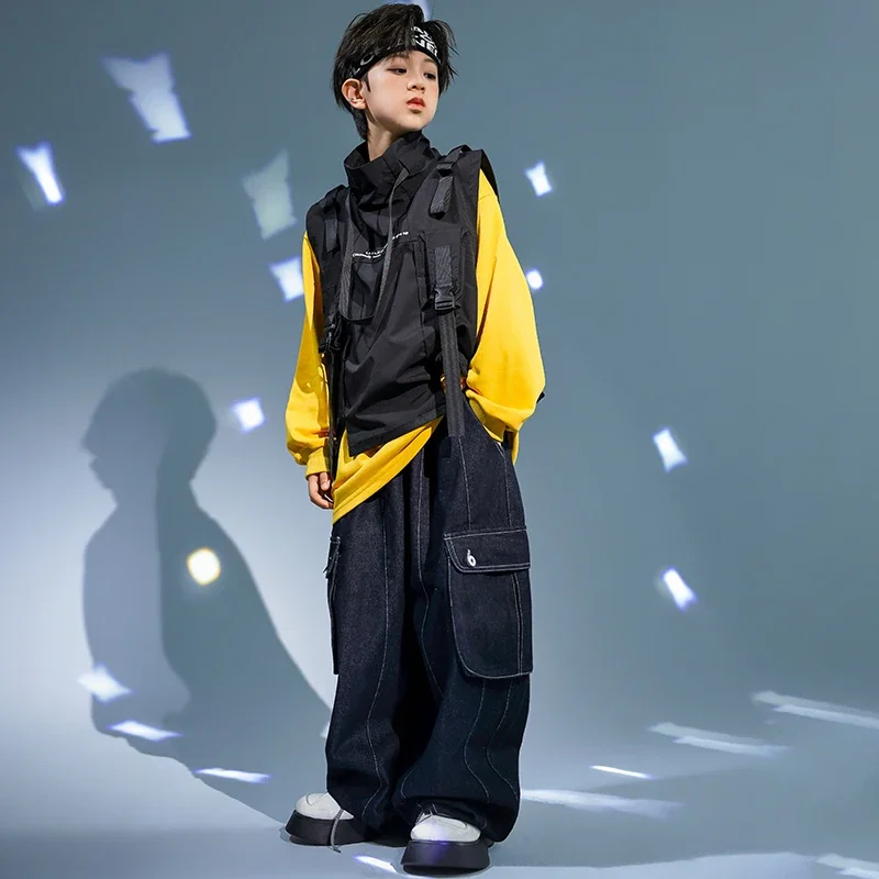 Vêtements Hip Hop pour enfants, veste en fibre noire, glaCasual Street Strap, pantalon cargo pour fille et garçon, costume de danse jazz, vêtements Kpop