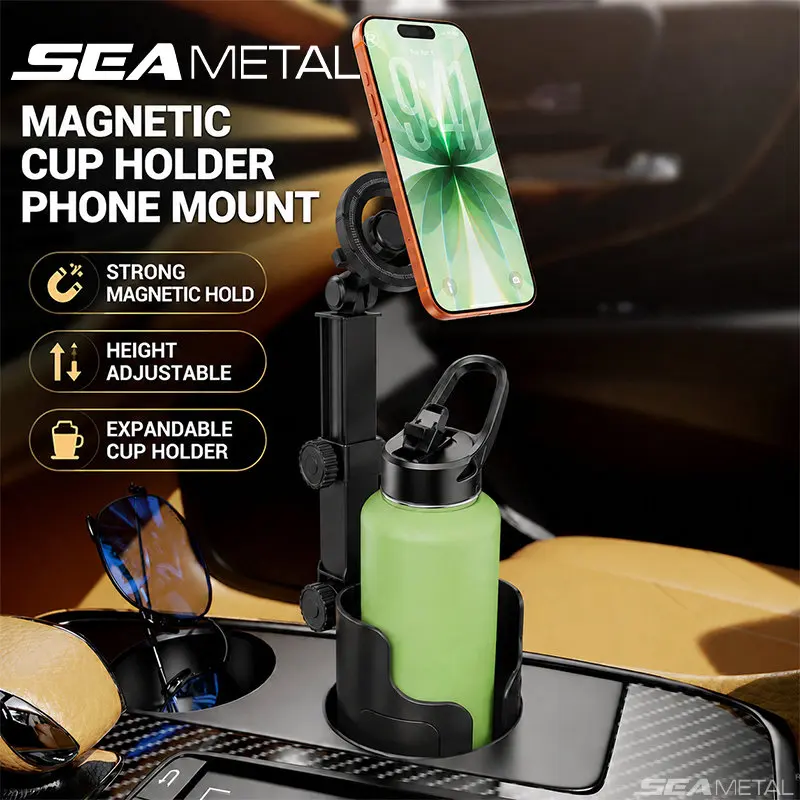 SEAMETAL Universal 2-in-1 Car Cup Holder Expander Magnetic Phone Mount 360° Rotatable Adjustable Stable Drink Holder Adapter