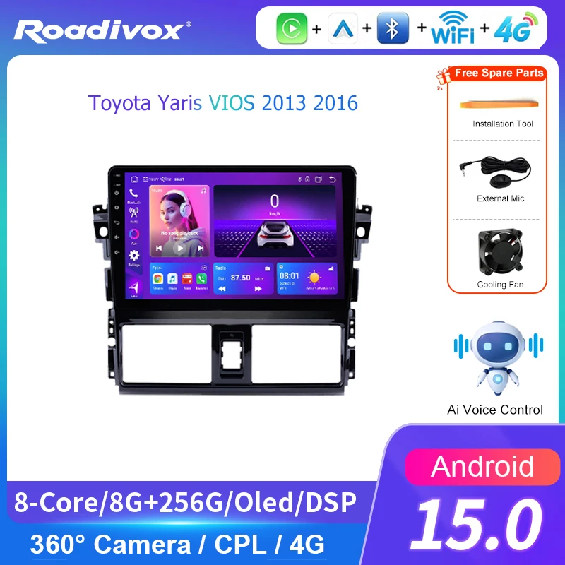 AI VOICE Android Car Radio Multimedia player for Toyota Yaris VIOS 2013 2016GPS Navigation Stereo Screen Video Tape Recorder