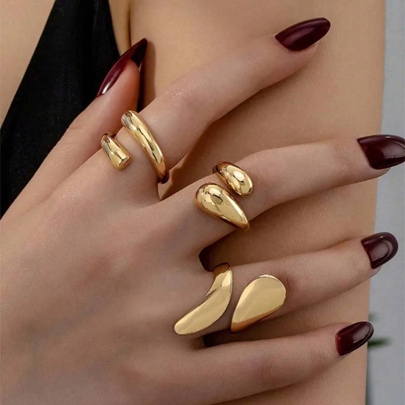 3 Teile/satz Vintage Gold Farbe Wasser Tropfen Ringe für Frauen Mode Kreative Metall Glatte Geometrische Einstellbare Offenen Ring Schmuck