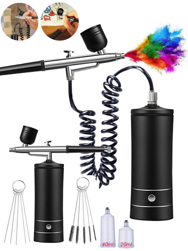 Airbrush met compressor Draagbare Airbrush Verfspuit Mini-spuitpistool Draadloze Air Brush Schilderen Airbrush Kit met compressor - afbeelding 2