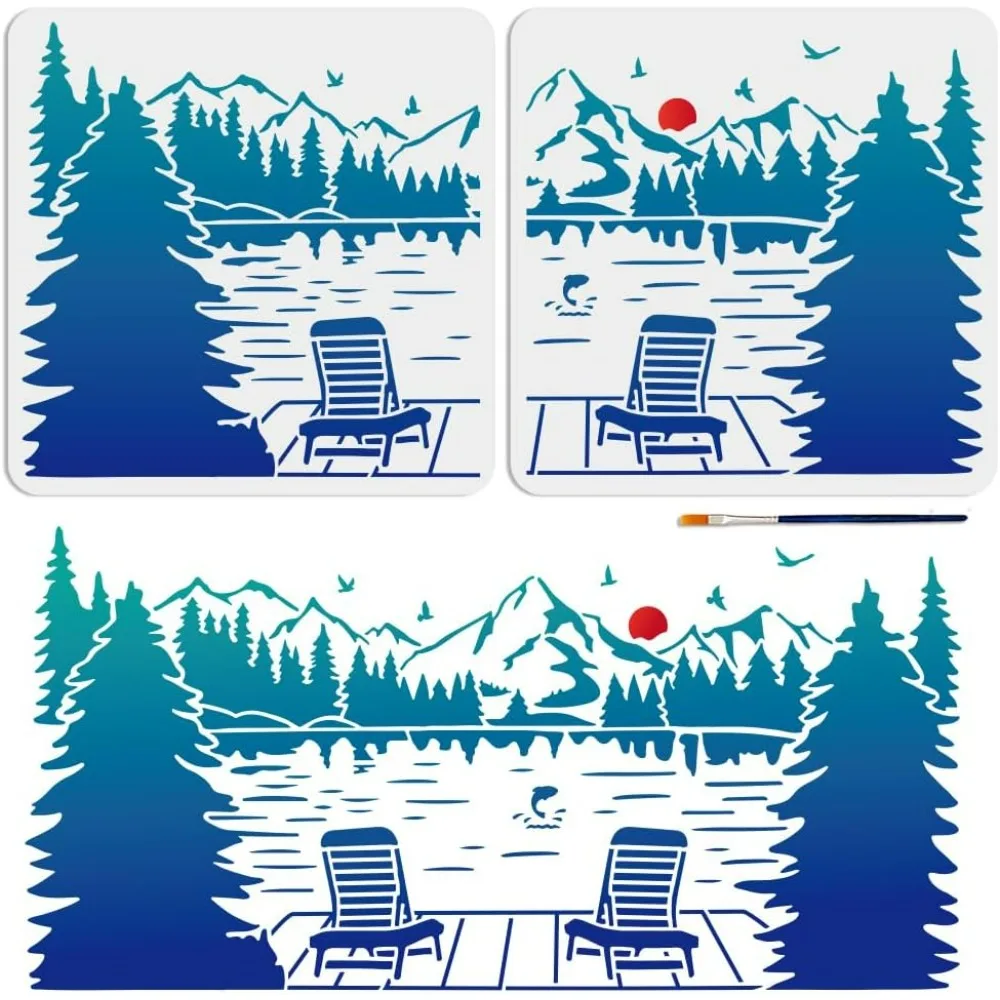 2pcs Landscape Lake Sunset Stencil 22.3×11inch Splicing Style Forest Lake Mountain Fishing Stencil with Paint Brush Large