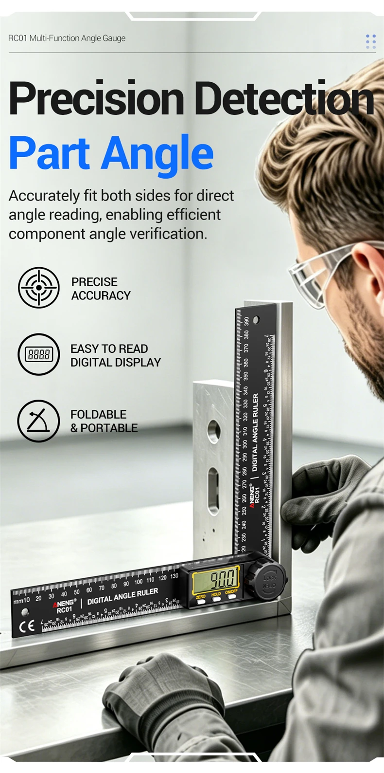 ANENG RC01 Digitaler Winkelmesser 0,0‑999,9 ° Nullpunkt-Reset, Datenhaltefunktion, automatische Abschaltung, Präzisions-Messwerkzeug für die Holzbearbeitung – Detail 3