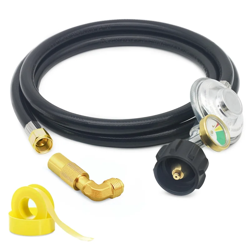 Manguera reguladora de propano de 6 pies con calibre, piezas de repuesto del regulador de parrilla universal QCC1 con adaptador de codo de 90 grados fácil de usar