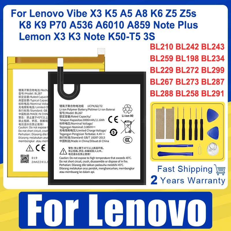 High Quality Battery For Lenovo Vibe X3 K5 A5 A8 K6 Z5 Z5s K8 K9 P70 A536 A6010 A859 Note Plus Lemon X3 K3 Note K50-T5 3S + Tool