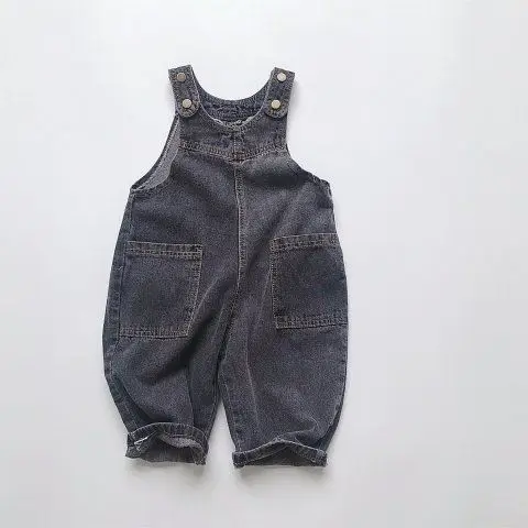 2-9Y Children's Jeans Pants Korean Spring Summer New Girls Boys Grey Retro Soft Denim Overall Baby Kid Cute Big PP Jumpsuit
