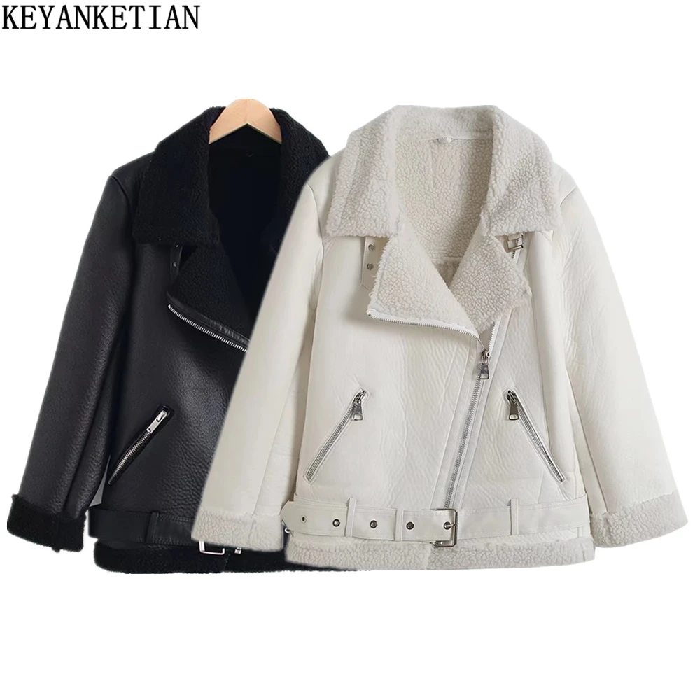 

KEYANKETIAN Women's Faux Fur One Thickened Jacket Mujer Winter Unisex High Street Style Diagonal Zipper Warm PU Leather Jacket