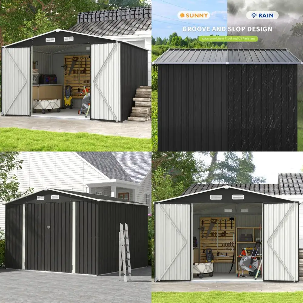 

Большой навес для хранения на открытом воздухе 10x8 футов с двойной навесной дверью, запираемым, универсальным садовым навесом, металлическим навесом наклонной крыше для дополнительных магазинов