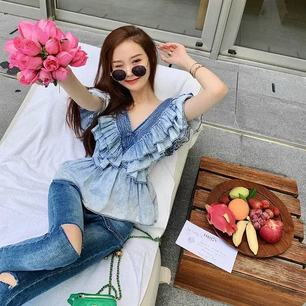 Women V-neck Ruffled Denim Sleeveless Shirts High Waist Summer Lotus Multi-Layers Pleated Blouse Folds Crop Tops Blusas Mujer