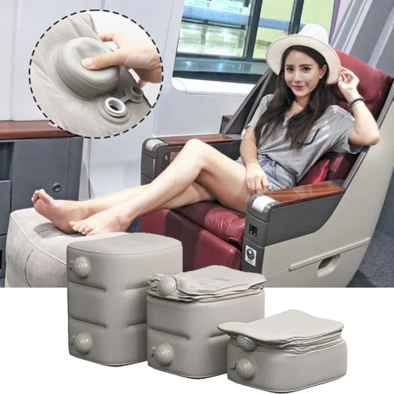 Inflatable Foot Rest Pillow for Travel Essentials Airplane Train Home Office Builtn Pump Adjustable Height Ottoman Cushion Stool