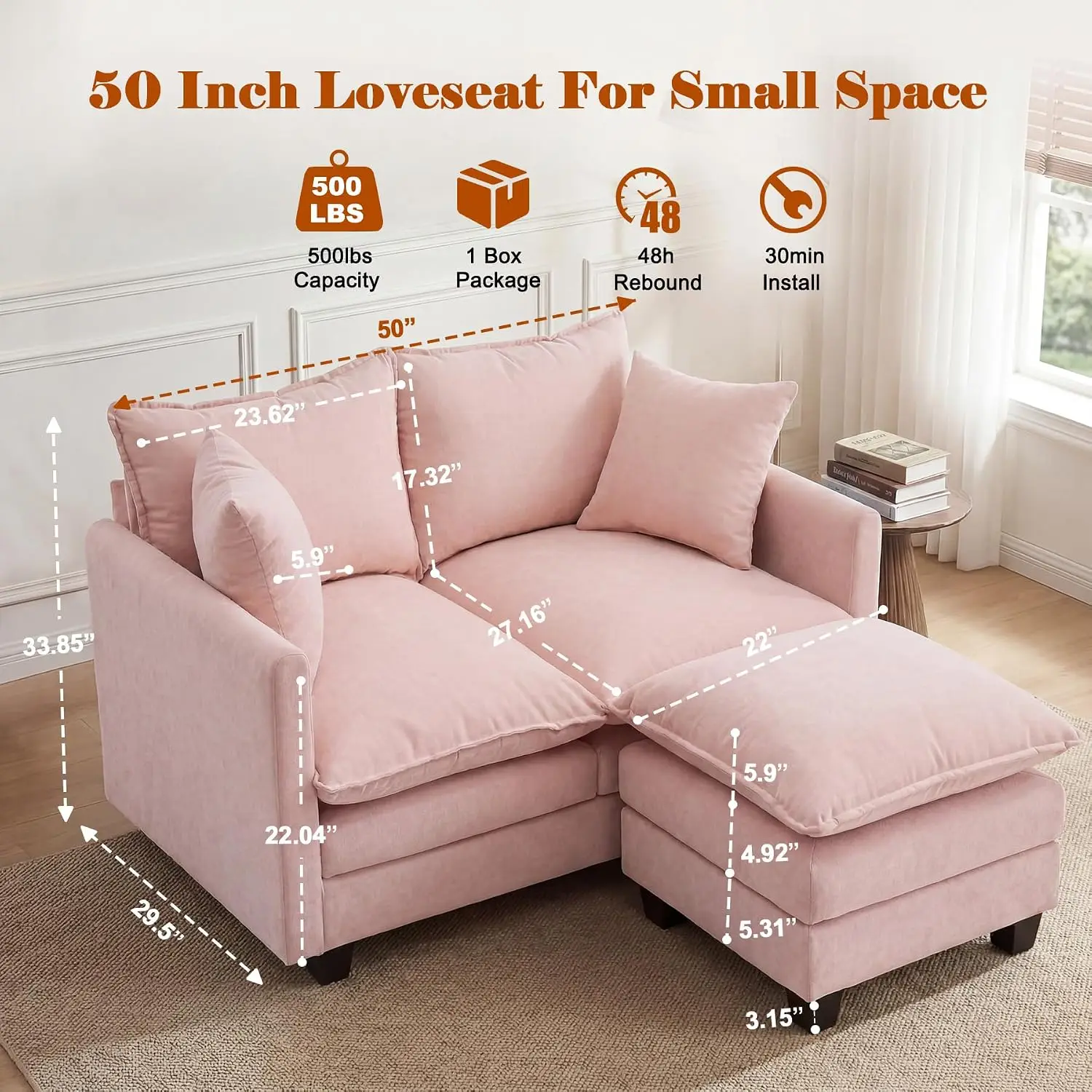 50'' Loveseat Sofa Set with Ottoman, Small Couch Set 2 Piece Cloud Love Seat 27