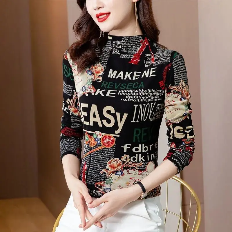 Office Lady Letter Printing Long Sleeve Women\'s Clothing Pullover Half High Collar Plant&Flowers T-shirt Spring Autumn Tops