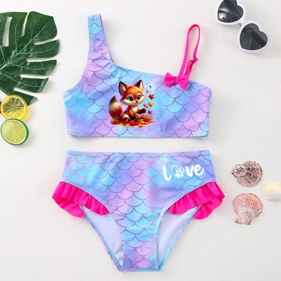 Love Heart-Shaped Paw Fox Cow Girls Bikini Swimsuit Kids Wear Fish Children's Dresses Swimwear Beach Two-Pieces Bathing Suits