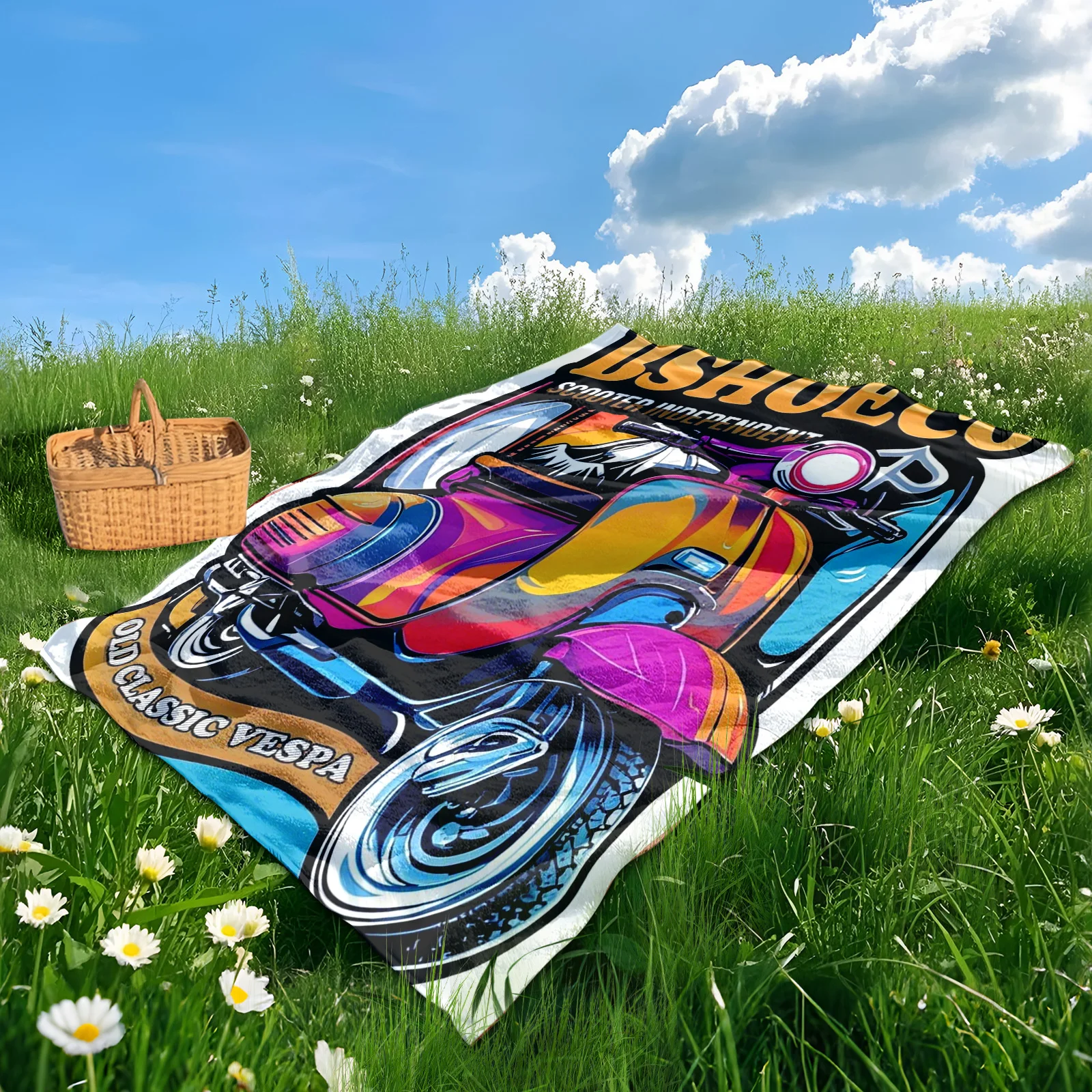 Vibrant E-Scooter Tech Blanket With Multicolor Design And White Background For Stylish And Practical Outdoor Adventures