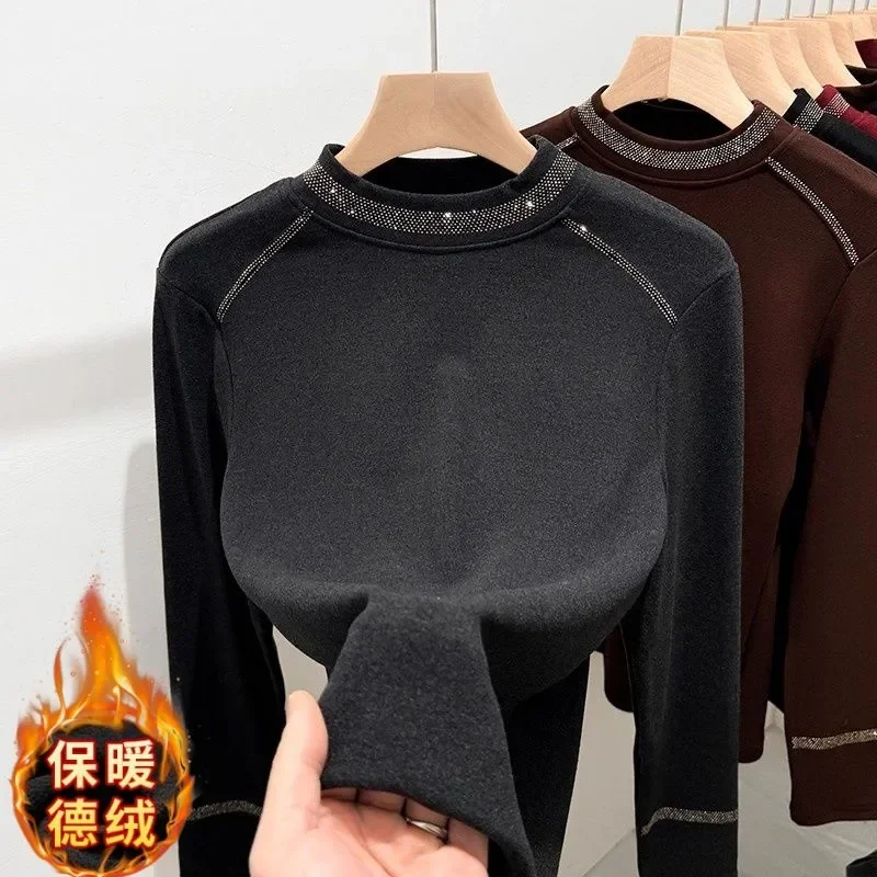 Oversized Women Clothing Half Height Collar Diamonds Bottoming Shirt 2025 New Autumn Winter Interior Lapping Fashionable Top Tee