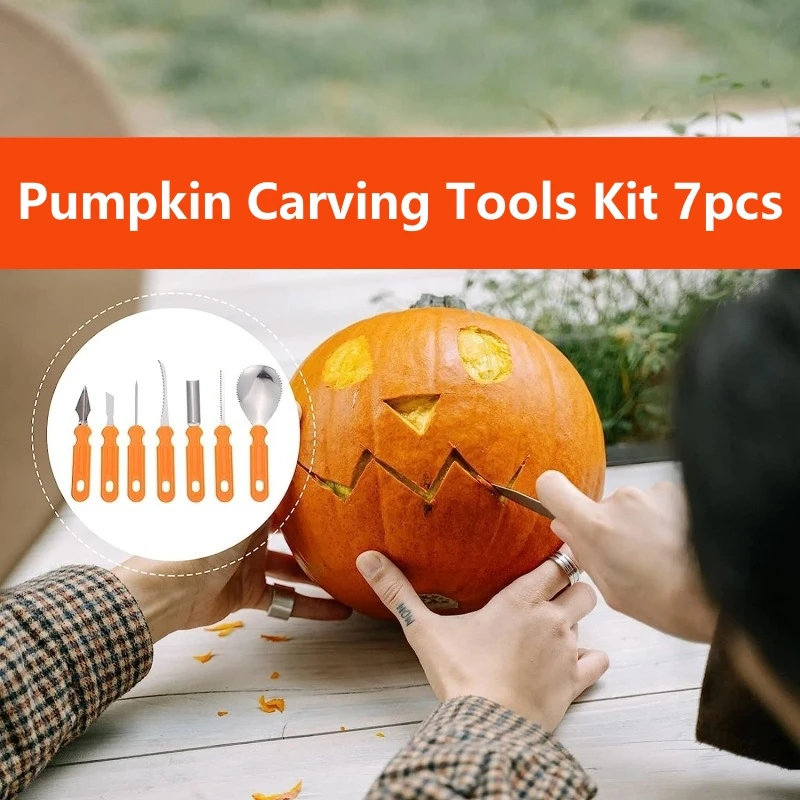 7pcs Pumpkin Carving Kit Tools Halloween Pumpkin Carving Tool Set Stencils Pumpkin Cutting Supplies Engraving Kitchen Cutting