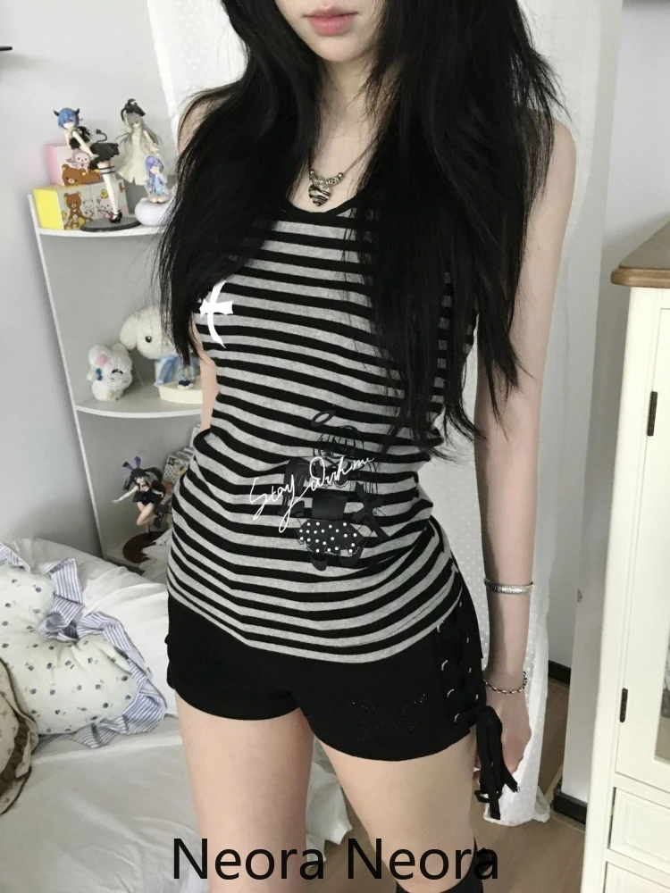 ثقافة فرعية القوطية مخطط مائل الرقبة القمم المرأة خمر Y2k قبالة الكتف الساخن فتاة سترة الإناث الصيف شيك سليم الرجعية وتتسابق جديد