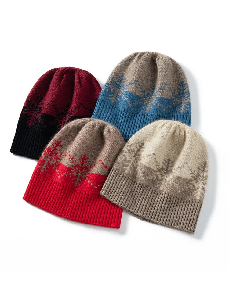Wool Cashmere Jacquard Knitted Beanies Women Snowflake Caps Christmas Present Hat Mens Winter Thick Cashmere Warm Bonnet