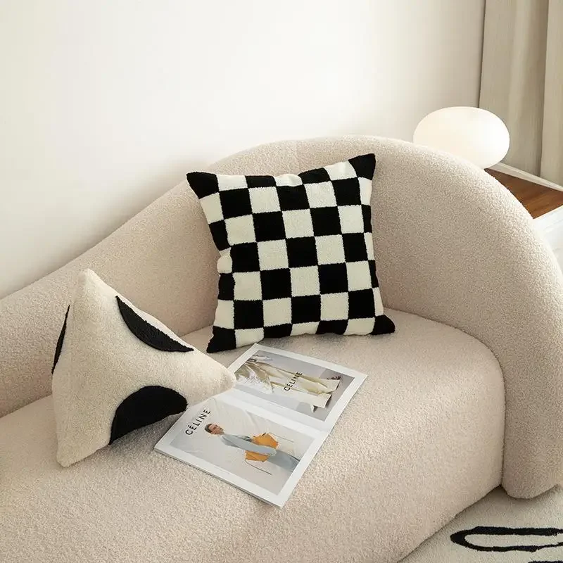 Chessboard Pattern Throw Pillow Living Room Sofa Set Home Use Irregular Geometric Backrest Circle Velvet Polyester Fiber