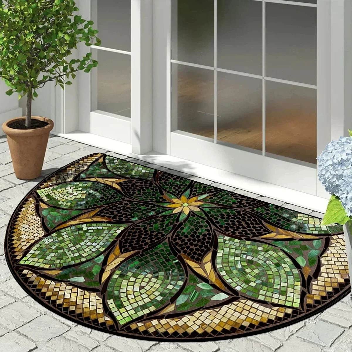 Vintage Floral Mosaic Half Moon Mat Non Slip Floor Rug for Home Decor Living Room Bedroom Entrance Gift for Art Deco Style Lover