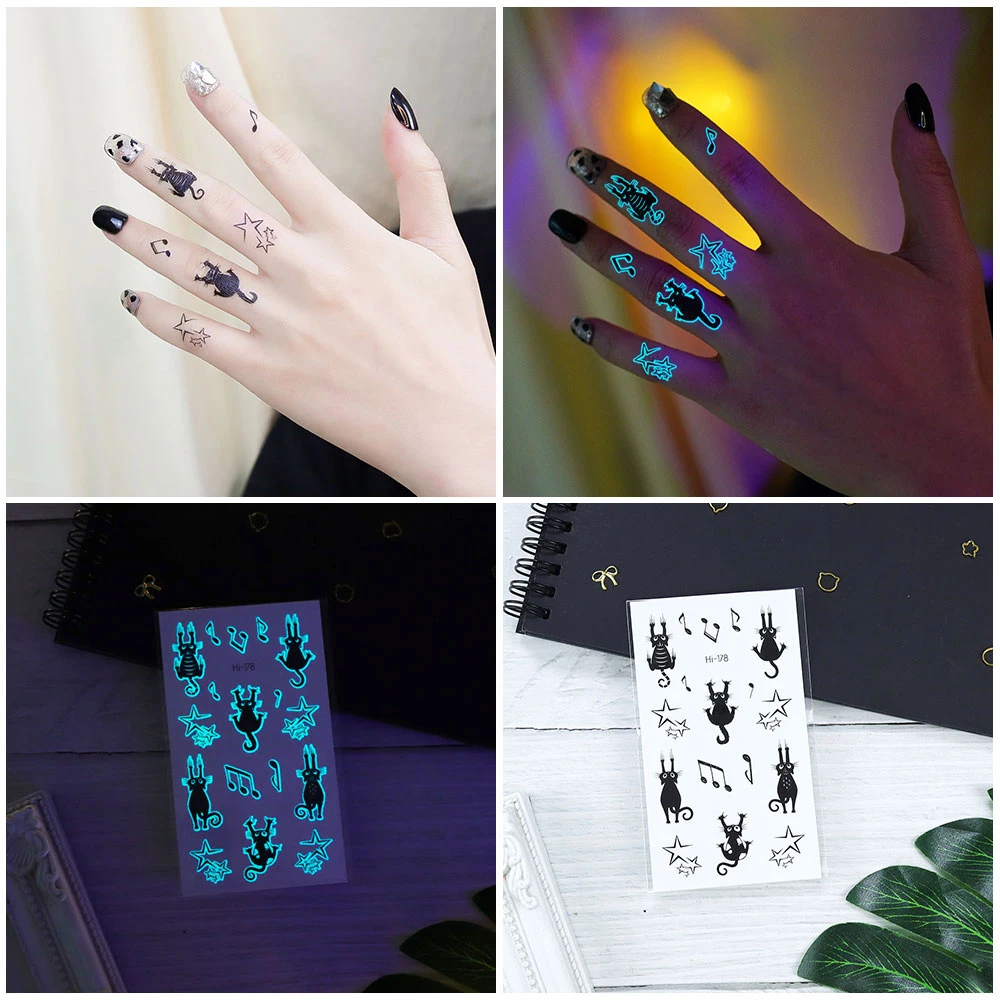 VeeCharm - Luminous Temporary Tattoos for Fingers,Black Stickers,Set with Letters,for Raves,Parties & Festivals,1/10/20 Sheet