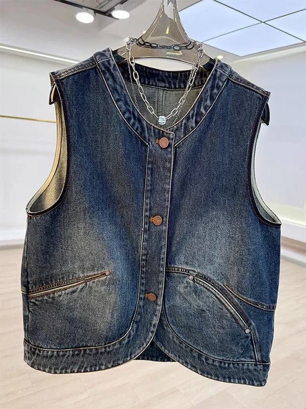 

Джинсовая жилетка-куртка унисекс в американском ретро-стиле, размеры 300 Pou+, свободного кроя, для многослойных образов, весна-осень