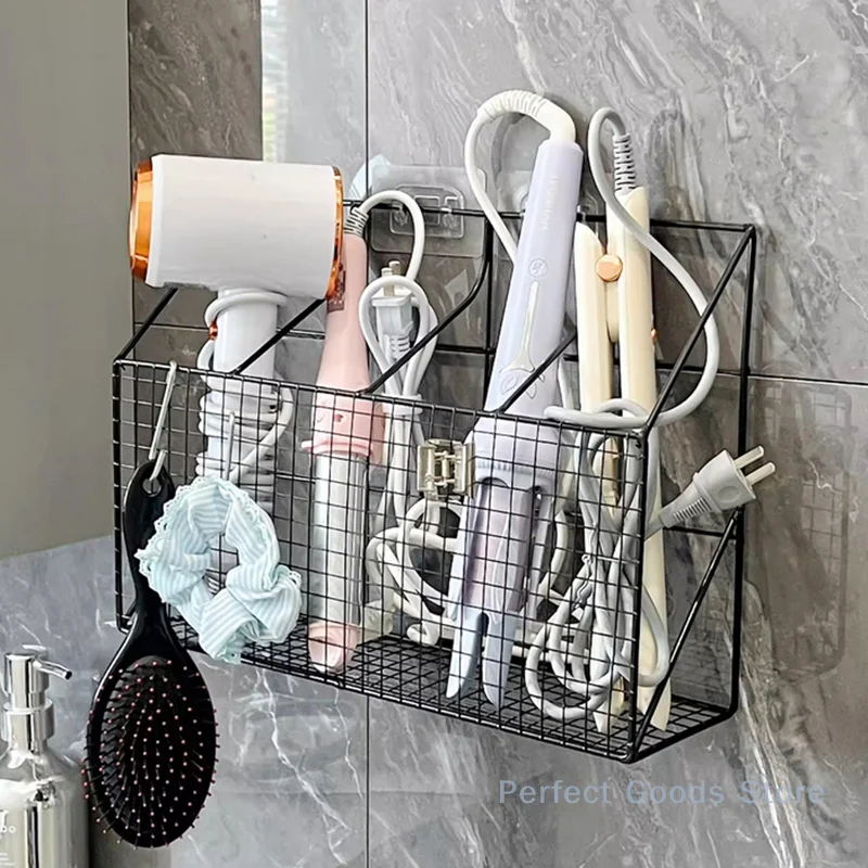 Wall Mounted Hair Dryer Holder Curling Iron Holder Hair Styling Tools Organizer With Shelf Hooks Multi-Functional Storage Rack