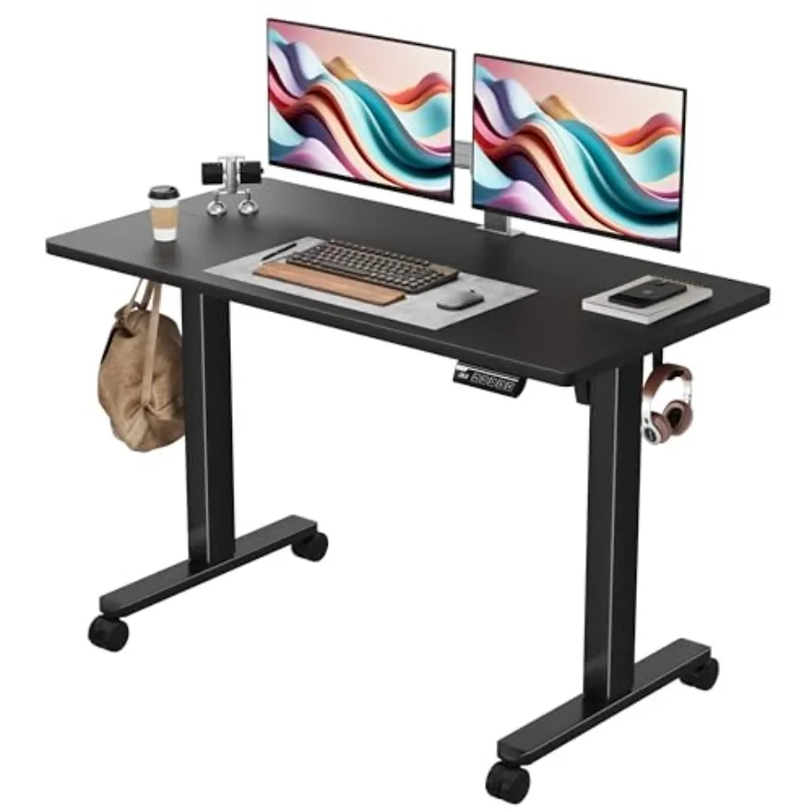 Electric Height Adjustable Standing Desk for home office use, steel frame, matte black finish, smooth dual-motor lift system