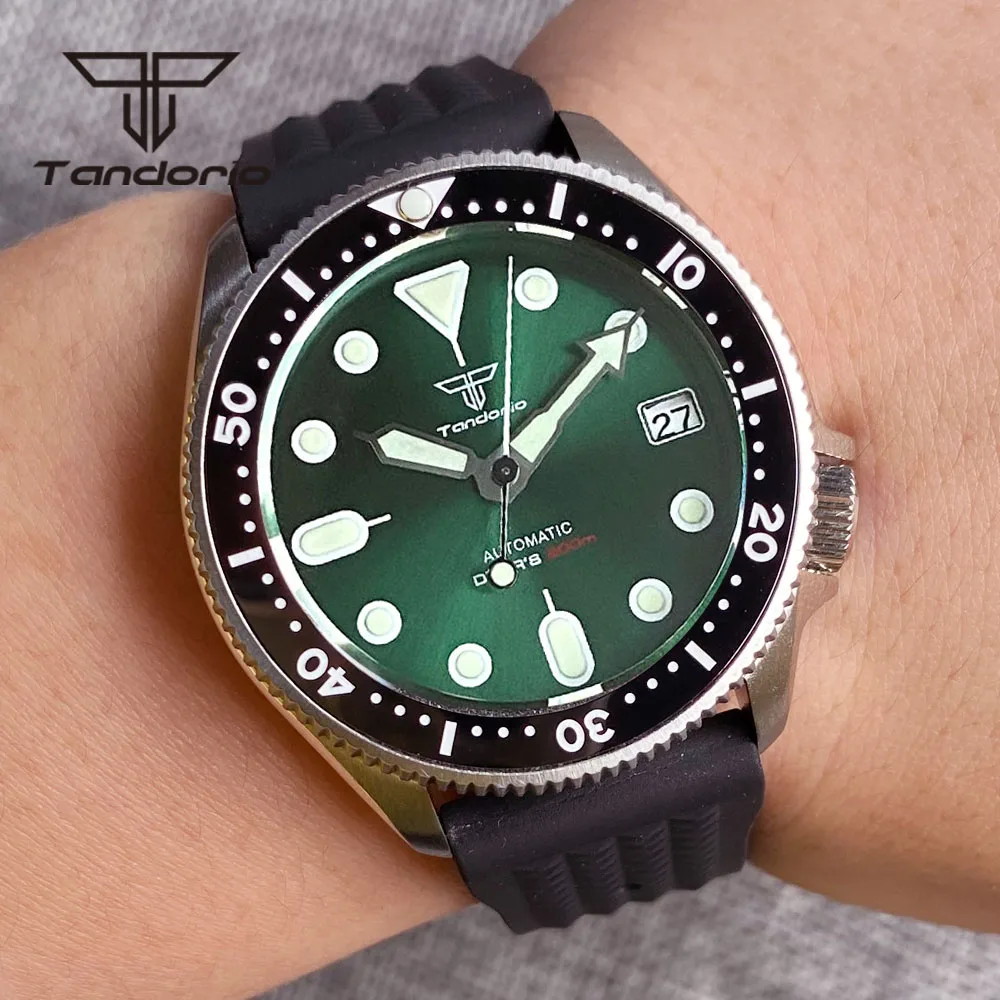 Tandorio Blue/Black/Green Dial Luminous 37mm NH35A Automatic 200m Men Dive Wristwatch Ceramic Bezel Sapphire Glass Date Display