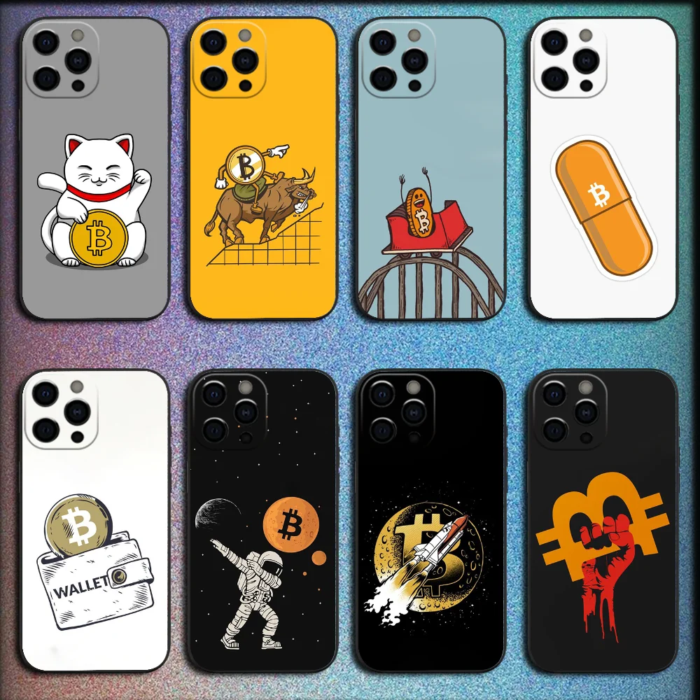 Чехол для телефона с биткойн-узором для iPhone 16,15,14,13,12,11,Pro,X,XS,Max,XR,Plus,Mini Soft Black Cover