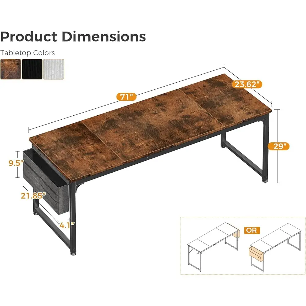 مكتب كمبيوتر كبير 71 ساعة، مكتب منزلي، طاولة عمل طويلة وحديثة مع خطاف سماعة الرأس وحقيبة قماش للتخزين، مقسمة #3