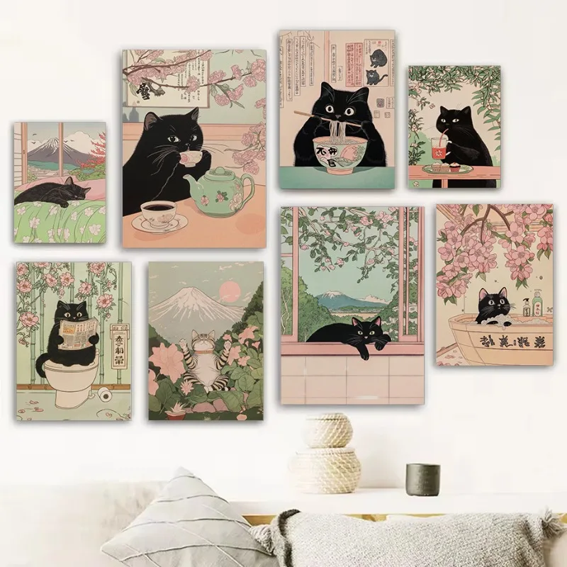 Japanese Style Minimalist Noble Tabby Cat Eating Ramen Fuji View Poster Wall Pictures Canvas Painting Home Bathroom Decor