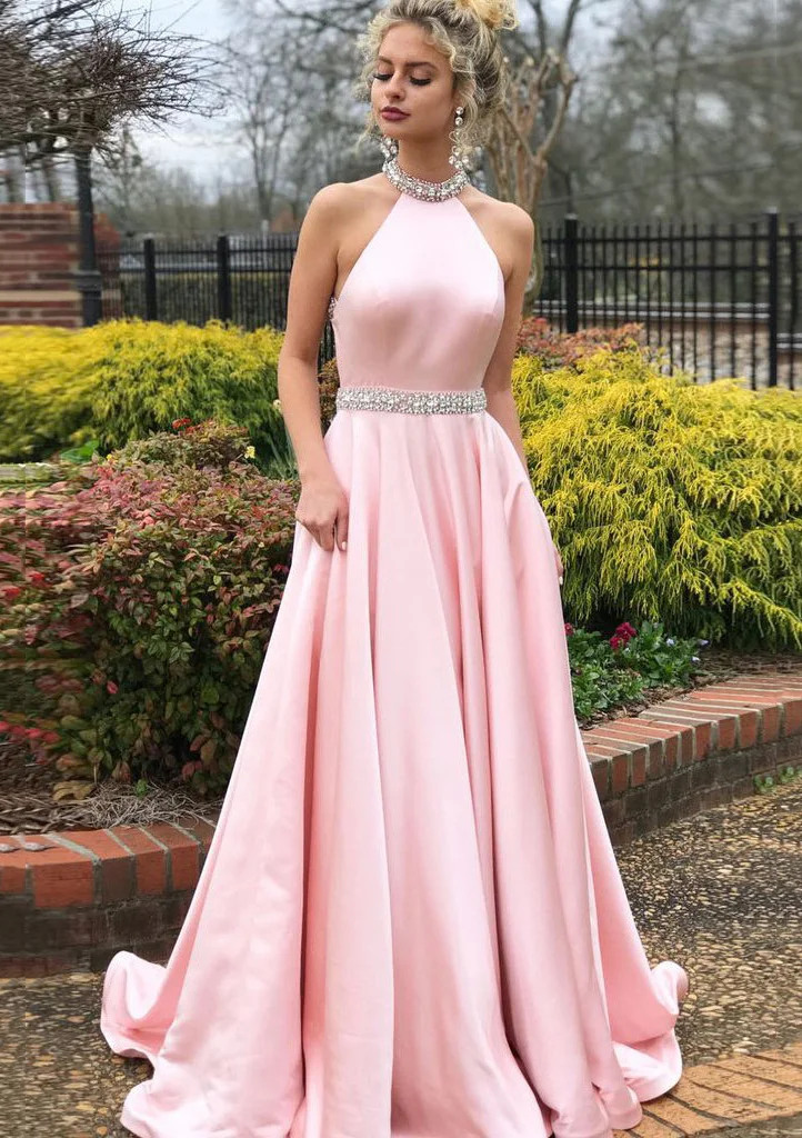 

Romantic Fashion Evening Dresses With Lmitation Satin A-line Silhouette High-Neck Sweep Train Waistband Beading