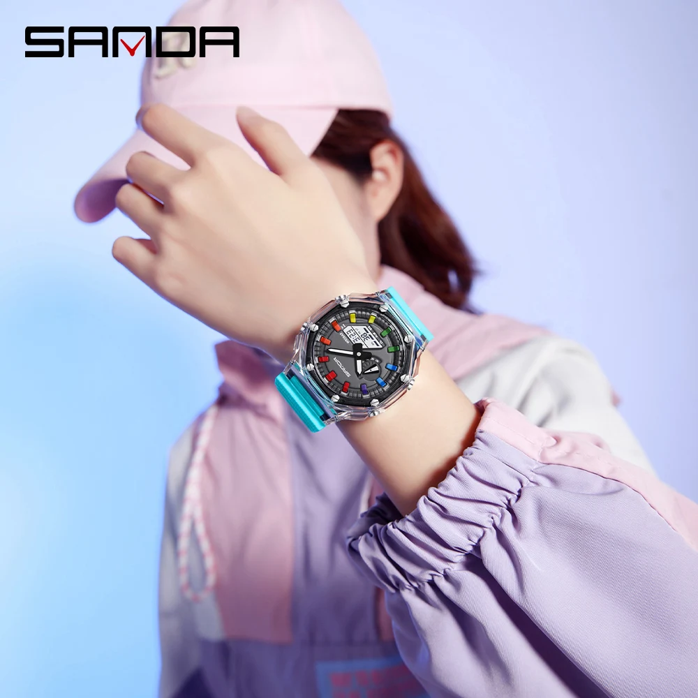 Sanda 3341 New Transparent Electronic Watch Multi functional Fashion Korean Men's Watch Waterproof Watch Alarm Clock Watch-1