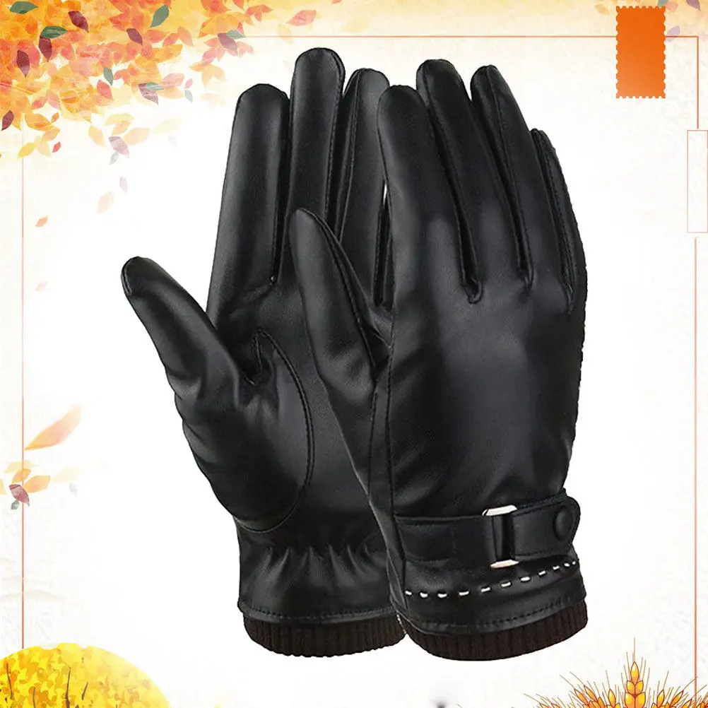 

Black PU Touchscreen Gloves Winter Warm Fleece Lined Windproof Waterproof Driving Outdoor Gloves for Women All Fingers