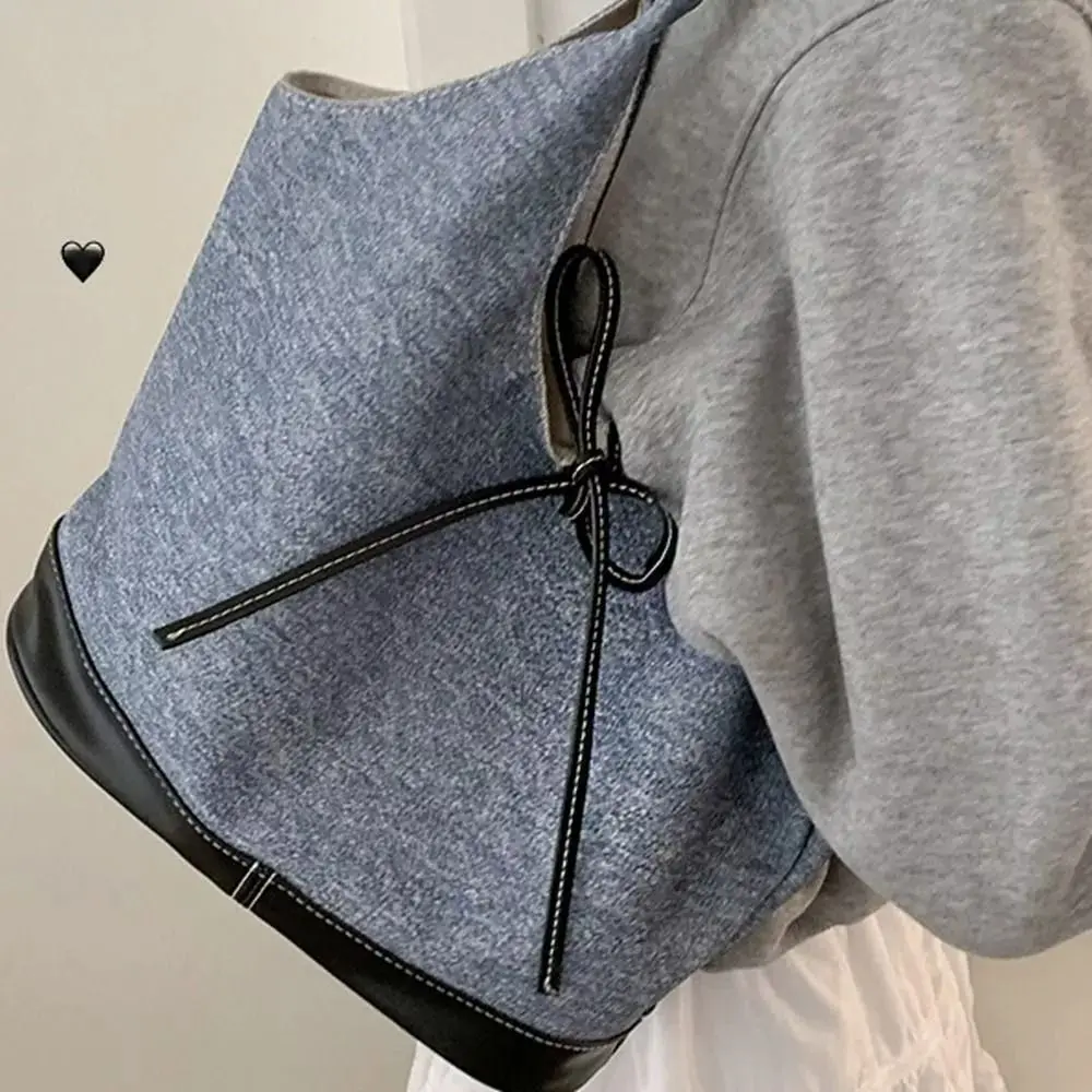 Fashion Splicing Color Women Bow Tote Bag Large Capacity Casual Handbag Shoulder Bag Outdoor Travel Canvas Travel Underarm Bag