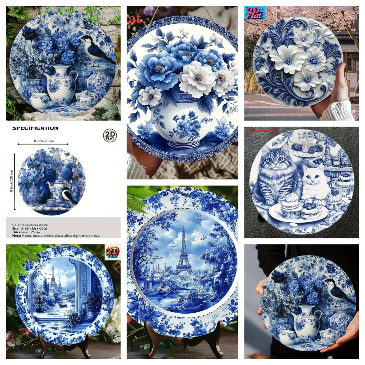 CIFBUY Vintage Blue White Cityscape Round Aluminum Wall Art Waterproof Decorative Metal Sign for Living Room Dining Room Hallway