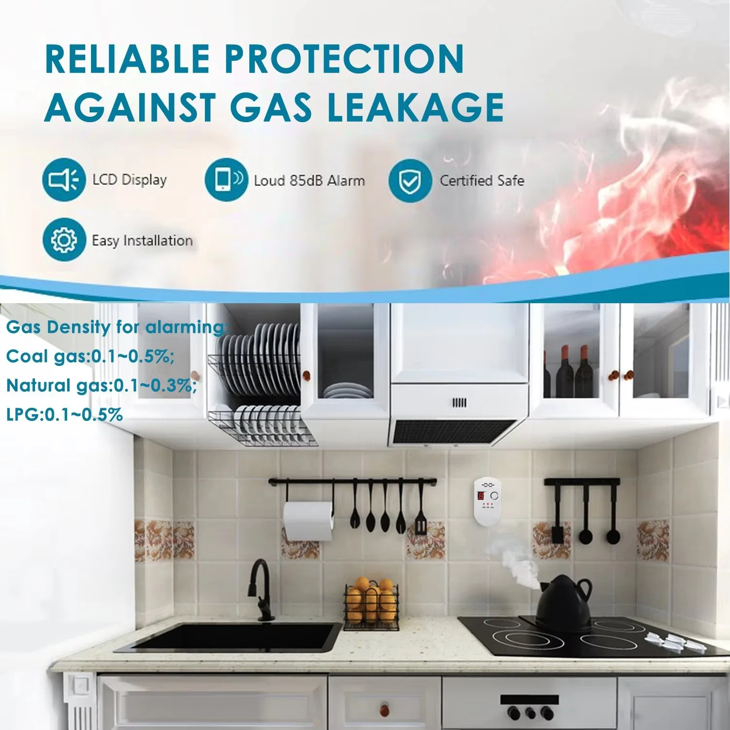 Rilevatore di gas CHZHVAN, rilevatore di perdite di gas GPL/gas naturale/carbonio e monitor propano butano Display digitale a LED Spina UE per cucina