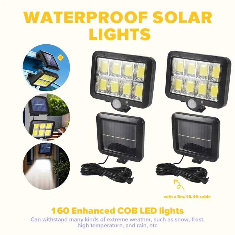ABDE-2Pc 2000 Lumen 160 Leds Solar Wall Lights IP65 Waterproof Wired Motion Sensor Security Flood Light 360 Degree Adjustable