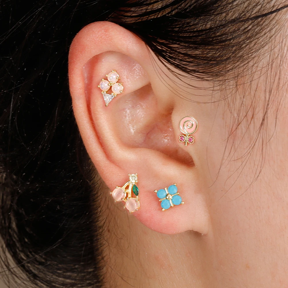 1Piece Fashion Multicolor Crystal Zircon Ice Cream Stud Earrings for Women Fashion Mini Stainless Steel Tragus Piercing Jewelry
