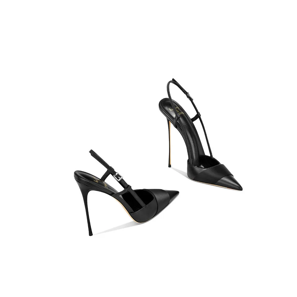 New Spring Women Pointed Toe Thin Heel Pumps Black Genuine Leather French Style Dating Heels  Match Dresses