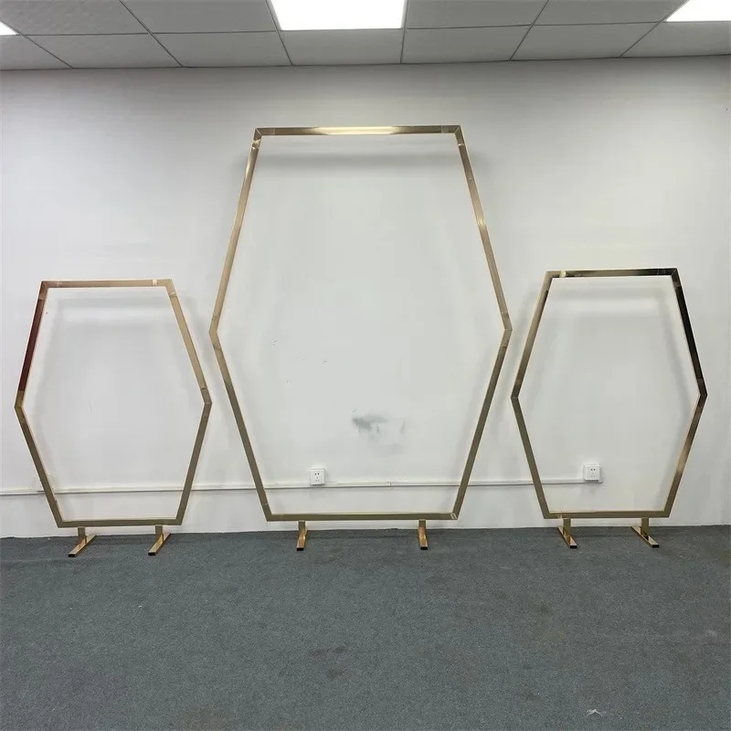 New Wedding Props Geometric Hexagonal Golden Arch Shiny Plating Outdoor Flower Shelf Frame Party Decoration