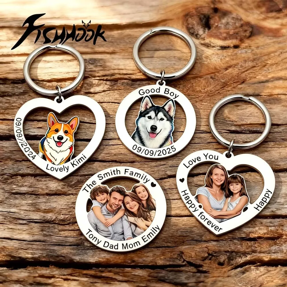 Family Couple Dog Cat Pet Print Photo Keychain Personalized Custom Valentine Gift For Women Men Steel Memorial Souvenir Key Ring