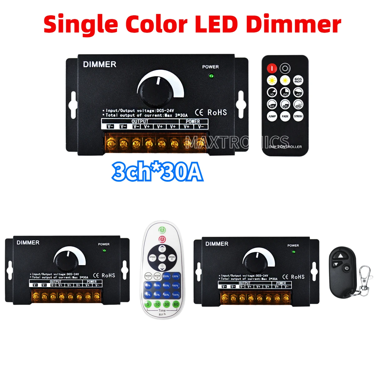 Dimmer LED com controle remoto sem fio RF, botão, ligar e desligar o controlador, cor única LED Strip Lights, 3CH x 30A, DC 5-24V, 5050, 2835