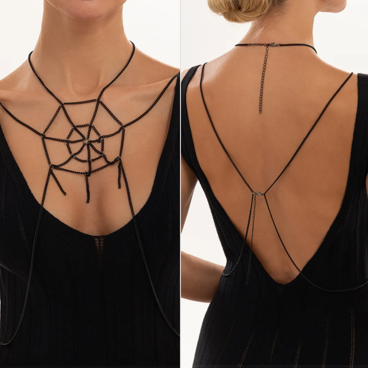 Gothic Black Chain Body Necklace for Women Spider Web Harness Jewelry Layered Statement Necklace Fashion Party Accessories Gift