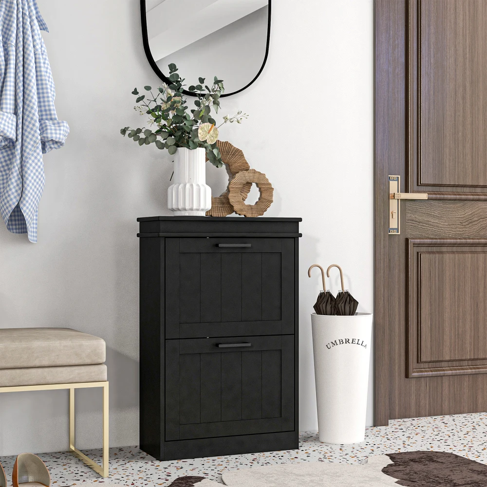 Narrow Shoe Storage Cabinet with 3 Flip Doors, MDF Entryway Shoe Organizer with Adjustable Shelves Holds up to 10 Pairs, Anti‑Tipping Design for Narrow Hallway