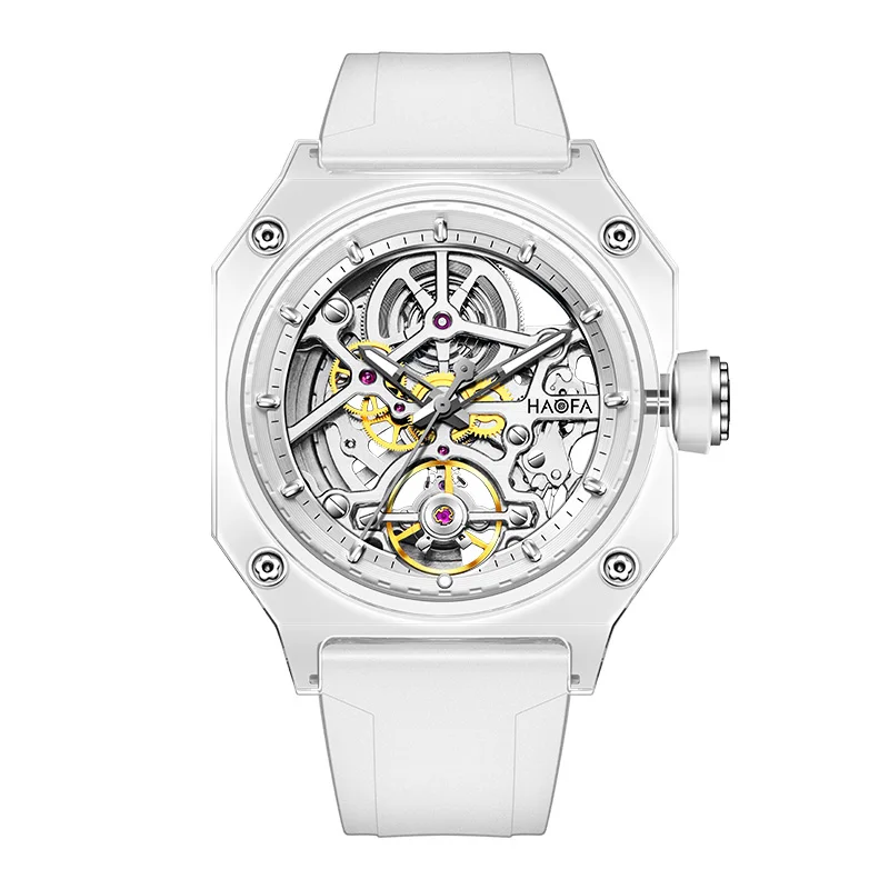 Haofa Crystal Transparent Automatic Watch for Men Luxury Hollowing Waterproof Luminous Mechanical Square Mens Watch Casual 2208