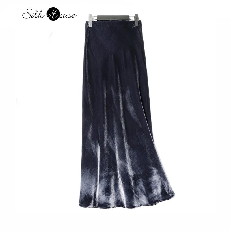 

2024 Women's Fashion Autumn New 30% Natural Mulberry Silk Velvet Haze Blue Slimming Elastic Waist Bag Hip Slanted Tail Skirt